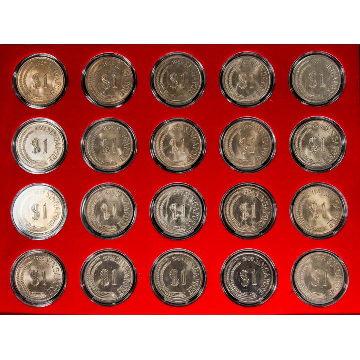 Singapore Merlion 1967-1985(1981x2pcs) $1 Full Set of Years, AU-UNC Total 20pcs