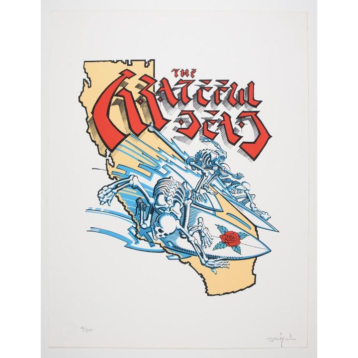 1990 Rick Griffin Grateful Dead Surfing Skeletons LE Tan Variant Signed Griffin Print Near Mint 83