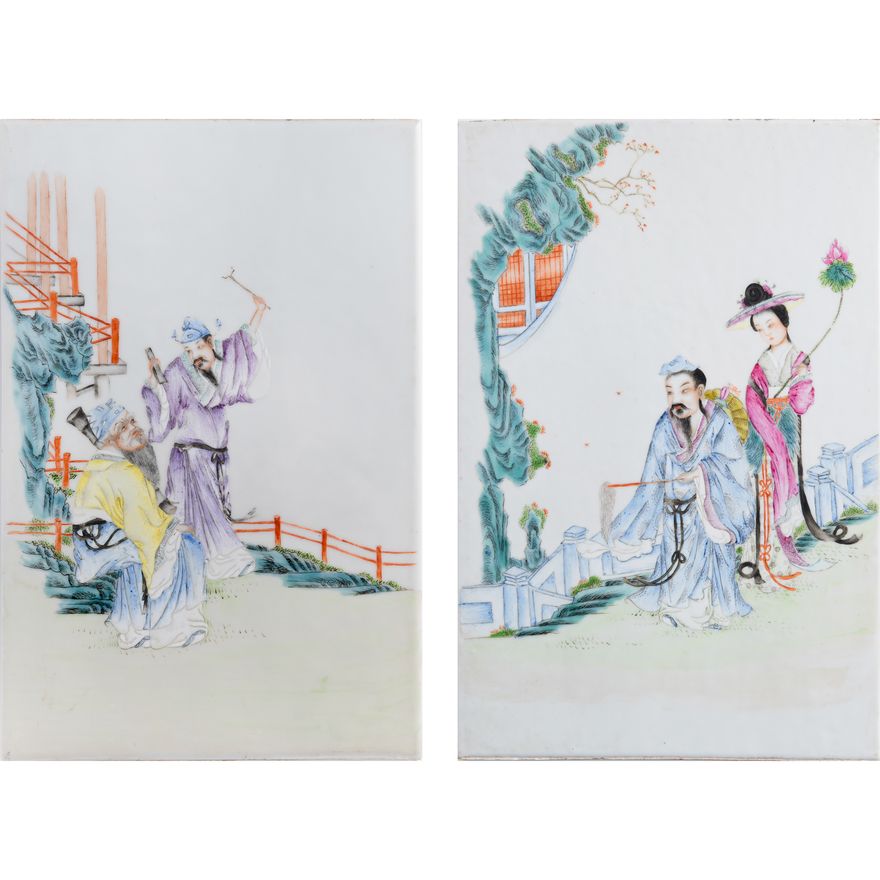 民國 粉彩八仙人物瓷板一對 A pair of Chinese famille rose 'Immortals' porcelain plaques, Republic period