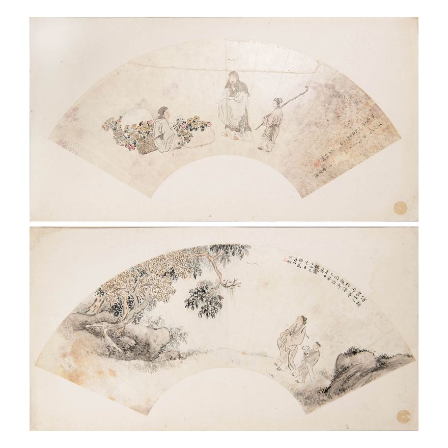 何翀   人物扇面兩張 Two figural fan paintings, signed He Chong (Chinese, 1807-1883)