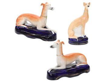 19th C. Group of Three Staffordshire Greyhounds, One Seated and Two Reclining