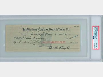 Orville Wright Twice-Signed Check (PSA NM-MT 8 Encapsulated)
