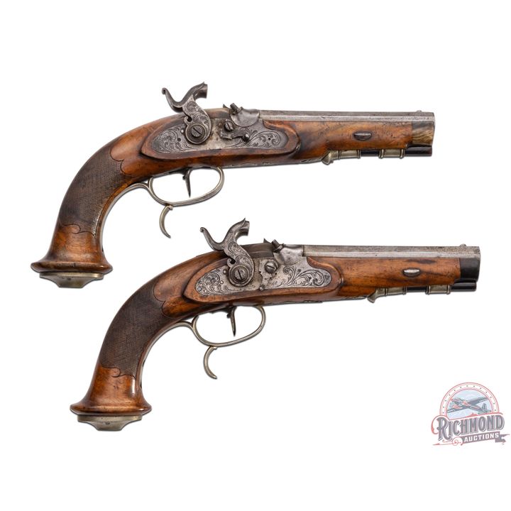 Antique German Pair of Percussion Pistols Made by G.N. Moritz of Zella, Germany