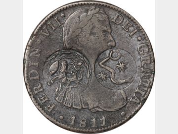 KM# SIMIL 285.2 – 8 Reales 1811 Mo HJ, Resellos de Chilpancingo y Morelos FALSOS. XF.