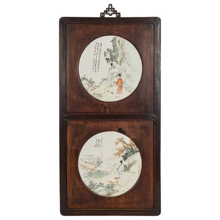 十九世紀 嵌余煥文畫淺絳山水人物圓板掛屏 A Chinese Qianjiang porcelain plaques panel, by Yu Huanwen (active 1883-1895), 19th century