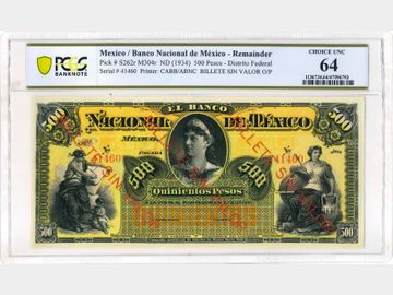 M304r – 500 Pesos El Banco Nacional de México, sin fechar. PCGS UNC64.