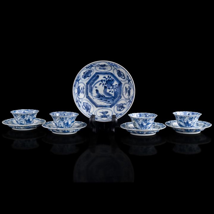 十六/十七世紀 外銷青花杯碟盤九件 Nine Chinese export blue and white dishes, cups and plate, 16th/17th century