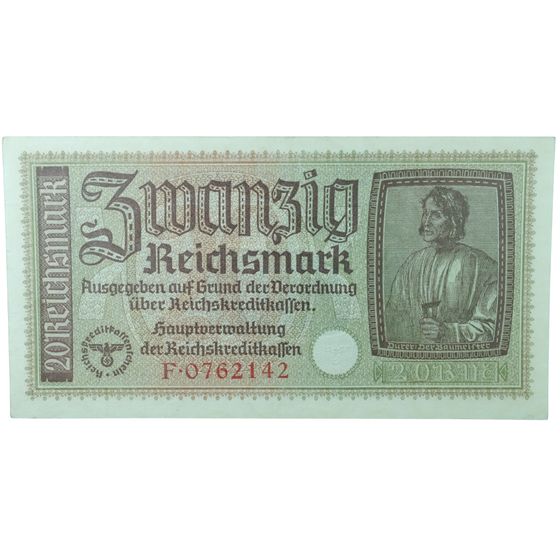 German Occupied Territories 1940 Zwanzig (20) Reichsmark, Extremely Fine