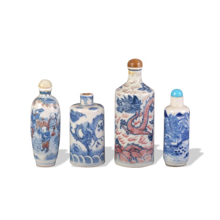4 Chinese Blue and White Snuff Bottles, 19th Century