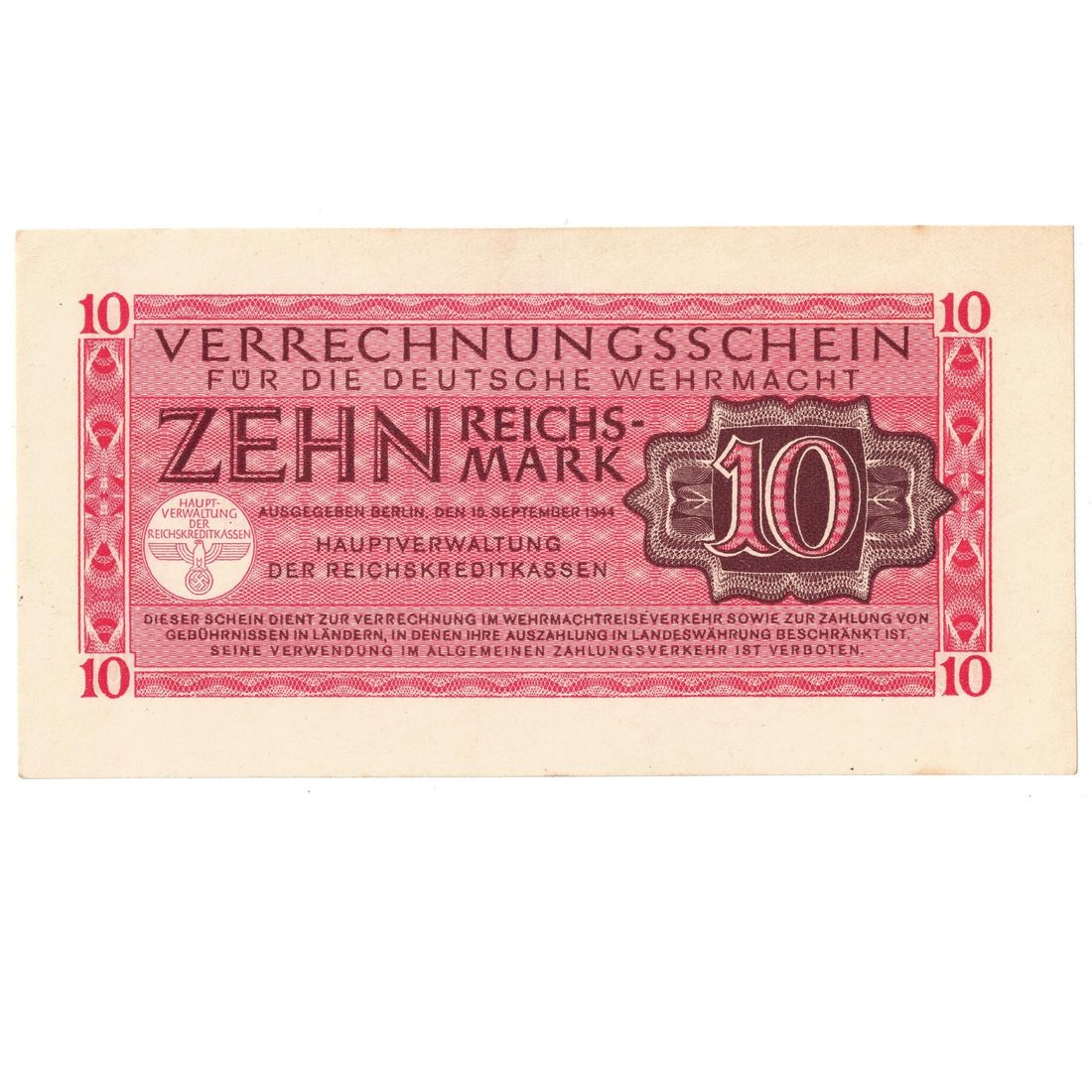 Germany Wehrmacht 1944 Zehn (10) Reichsmark, Uncirculated OPQ