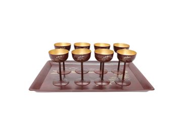 Vintage Maruni Red Lacquered Rectangular Serving Tray and Eight Stemmed Wine Glasses