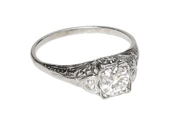 Art Deco 18K White Gold Filigree Natural Diamond Engagement Ring, Size 7.5