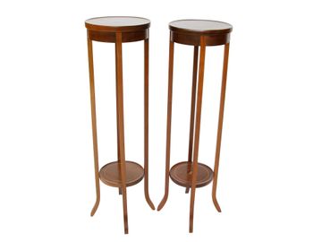 Sheraton Style English Made Inlaid Mahogany Circular Plant Stands, Companion Pair