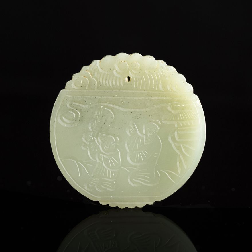 十八世紀 玉雕人物詩文牌 A Chinese carved jade 'figural' plaque with poem, 18th century