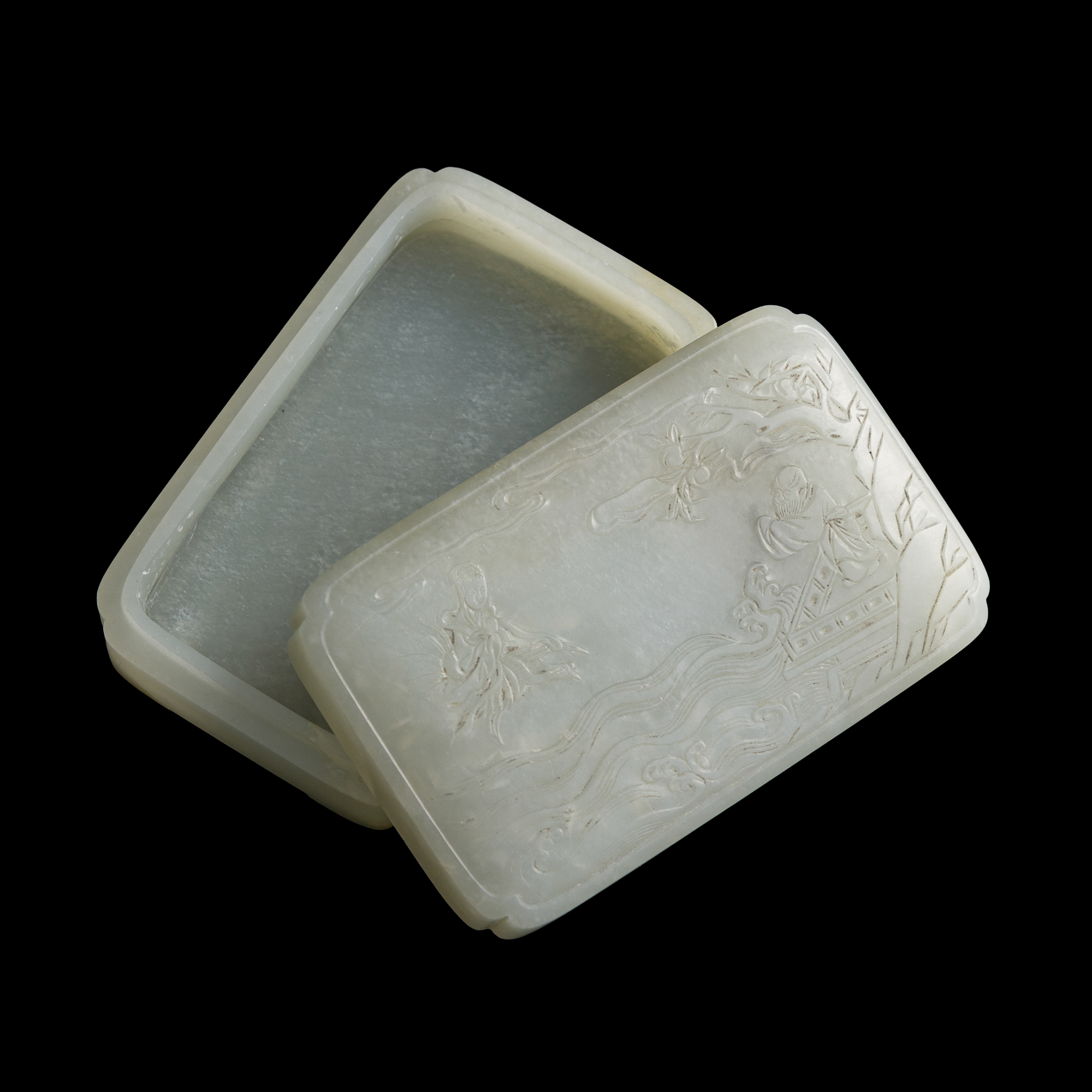 十九世紀早白玉雕西王母祝壽蓋盒A Chinese carved white jade