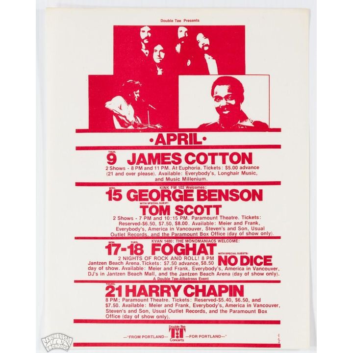 1977 James Cotton Foghat Harry Chaplin Euphoria Ballroom & Paramount Portland Flyer Near Mint 85