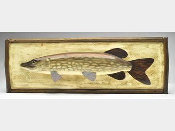 Northern pike fish carving, Michael Valley, Prairie du Chien, Wiconsin,