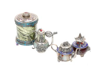 Vintage Chinese Vessels, Four Total, Waste Bowl, Two Teapots, and One Incense Burner