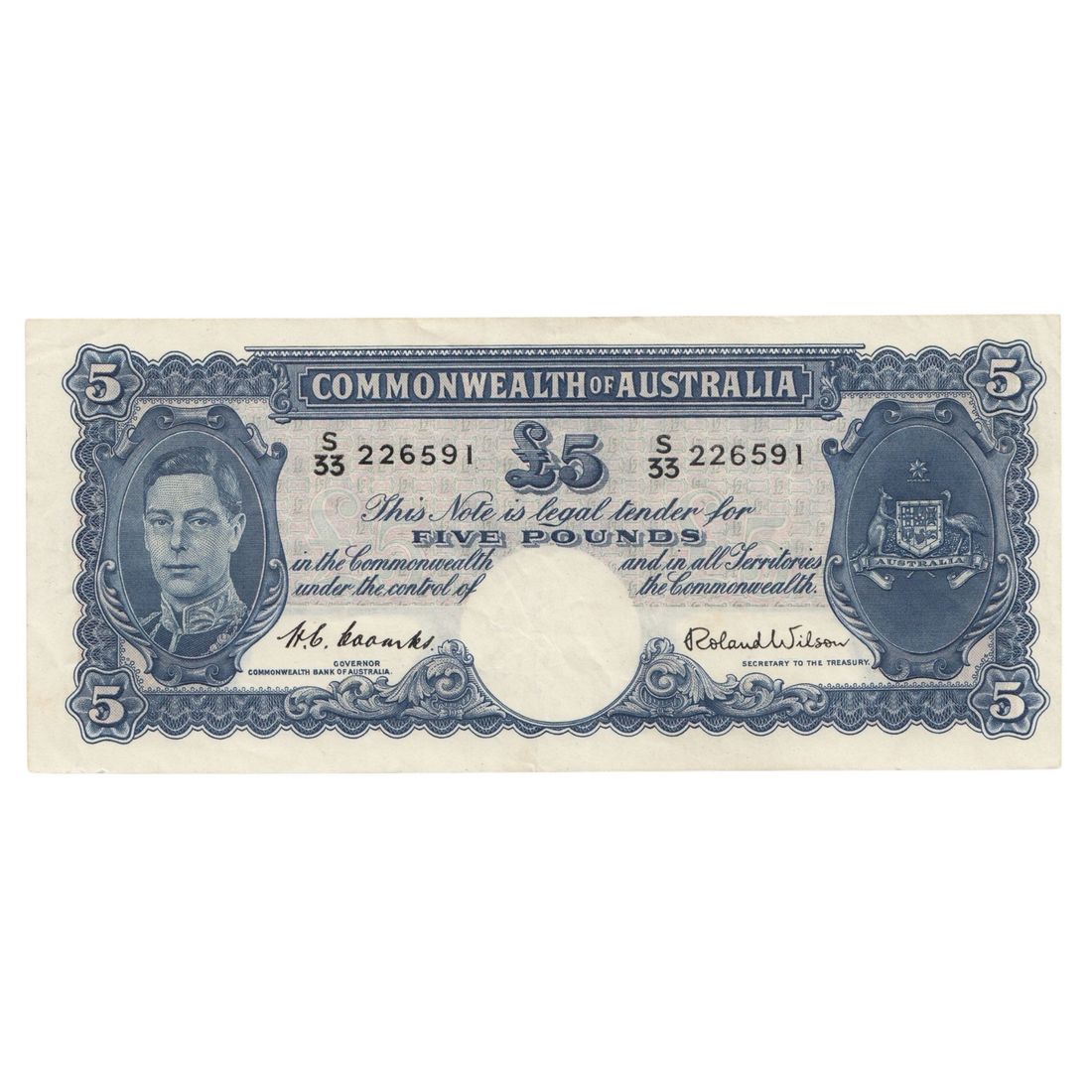 Australia 'Coombs - Wilson' £5 (1952), good Very Fine OPQ