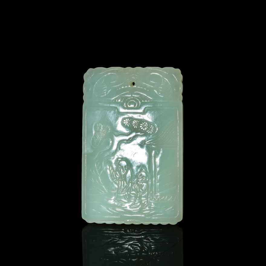 十九世紀早 白玉雕鬆下高仕童子詩文牌 A Chinese carved white jade plaque, early 19th century