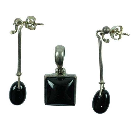 Black Onyx Drop Earrings and Pendant in Sterling (925) Silver (3 pieces)
