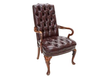 Vintage Oxblood Leather Queen Anne Style Library Chair with Gooseneck Arms
