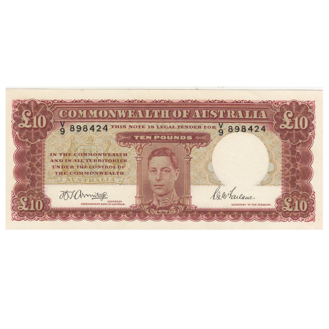 Australia 'Armitage - McFarlane' £10 (1942), Uncirculated OPQ