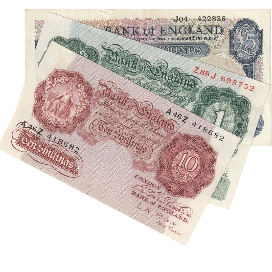 Great Britain 'O'Brien' 10/-, £1 & £5 (1955-61), Crisp Very Fine (3 notes)