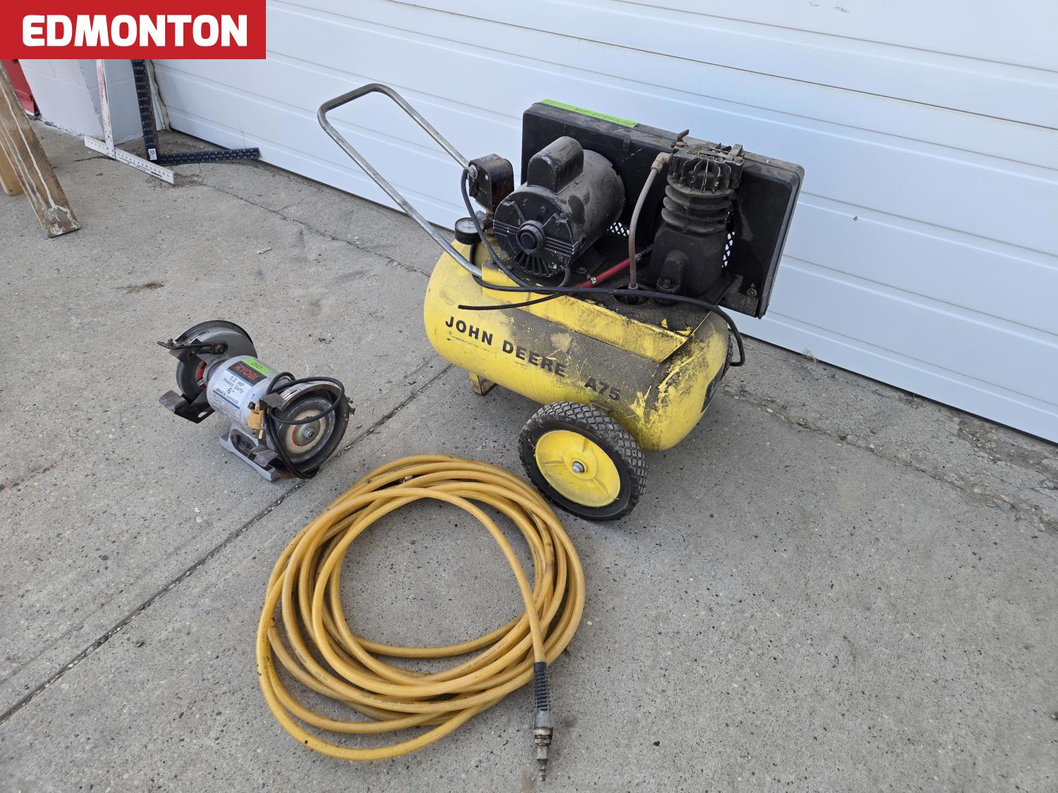 John Deere A75 Air Compressor with Air Hose & 6 Inch Bench Grinder ...