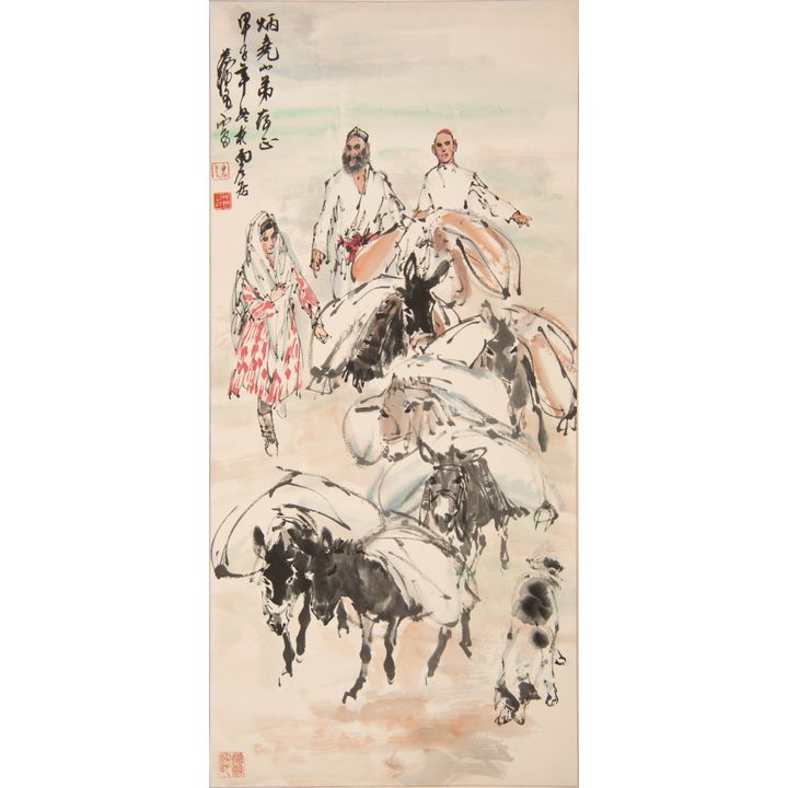 黃胄 炳堯上款運糧圖立軸 A Chinese painting of travelers, signed Huang Zhou (Chinese, 1925-1997), given to Binyao