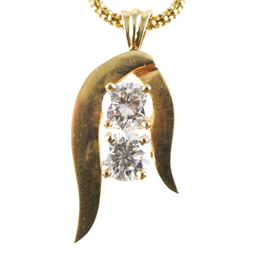 Vintage Double Diamond 14K Gold Pendant w Chain