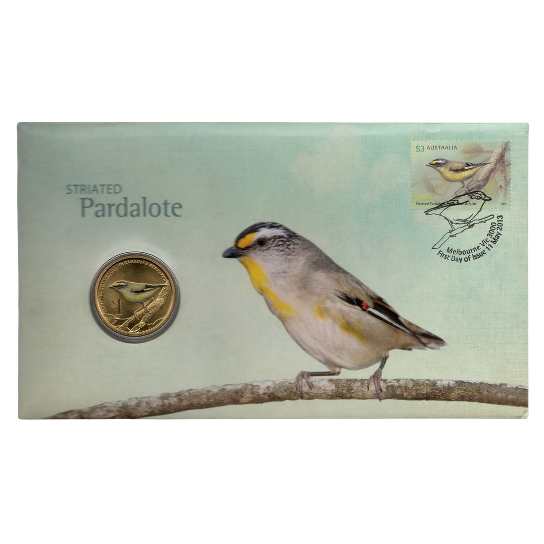 Tuvalu 2013 $1 (Coloured) Striated Pardalote Stamp and Coin Cover