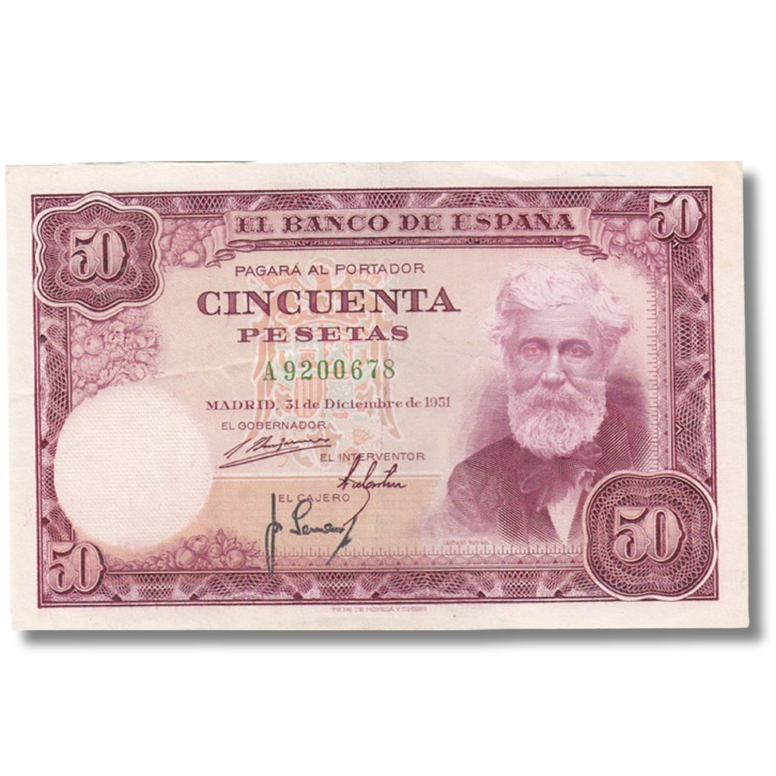 Spain '31 December 1951' 50 Pesetas, about Uncirculated OPQ