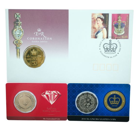Australia 2003 50c PNC, 2007 Wedding and 2010 Engagement 50c coins (3), Unc
