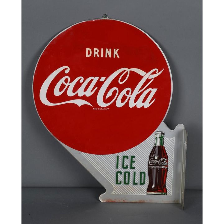 Drink Coca-Cola Ice Cold w/Bottle Metal Flange Sign (TAC)